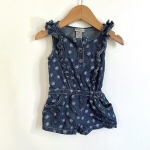 4/$20💥Chambray Printed Henley Shorty Romper, Ruffles, Sleeveless, Leg Snaps